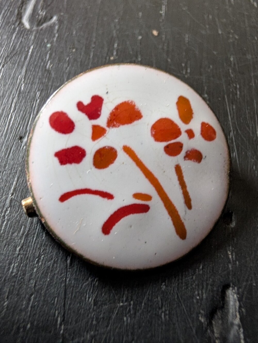 Artisan Enamel-on-Copper Vintage Pin Painted Flowers Unique Mid-Century Modern
